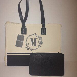 TOPDesign inital M canvas tote bag , Casual Tassel Handbag with Wristlet Clutch.